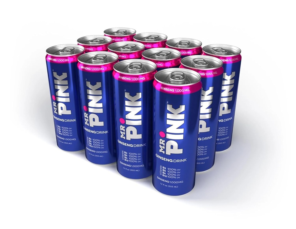 Mr. Pink Original Ginseng Drink - Natürliche Kräuterergänzung für Energie und Fokus, 12-Pack Flüssiger Boost, Reich an B-Vitamins