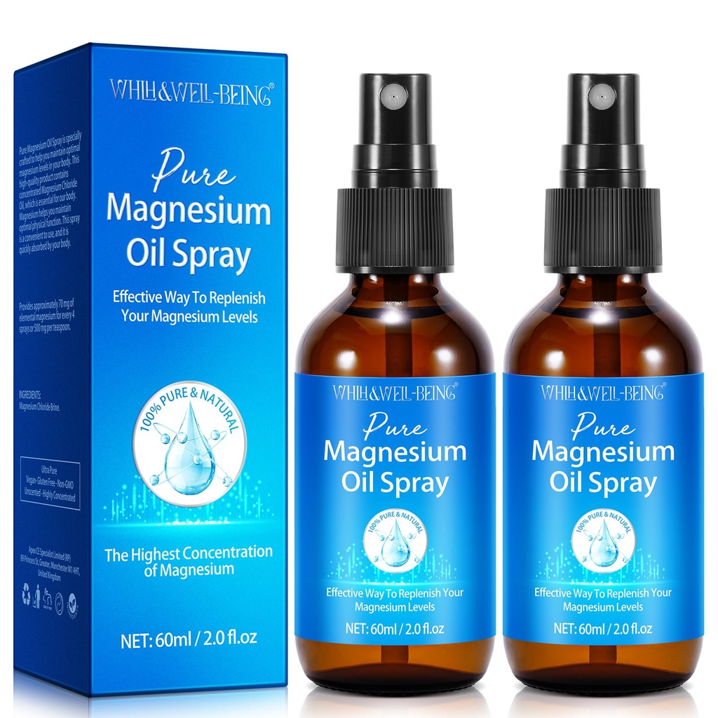 Magnesium Spray, reines Magnesiumöl Spray für Füße, Natürliches Ingredient in Glasflasche, einfach zu absorbieren und zu verwenden 2Pack
