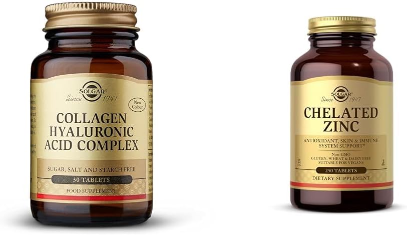 SOLGAR Collagen Hyaluronsäure Complex, 30 Tabletten - hydrolysierte Collagen Typ 2 - Hilft & Chelat Zink, 250 Tabletten - Zink für gesunde Haut - Unterstützt Zellwachstum & DNA-Formation