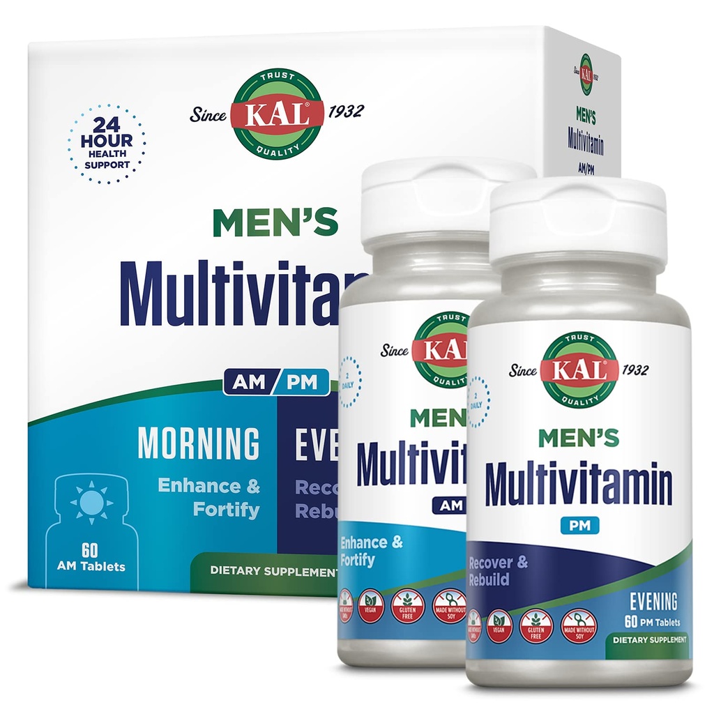 KAL Herren Multivitamin AM/PM, Antioxidantien Ergänzung, Muskel, Immun, Elektrolyt Balance, Gesamt Wellness-Unterstützung, Hergestellt ohne GVO und Soy, Vegan, 30 Servierungen, 120 Tabletten