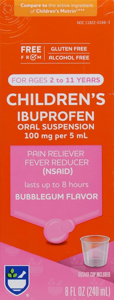 Rite Aid Kinder Ibuprofen, Alter 2-11, Bubble Gum - 8 oz | Kids Pain Reliever & Fever Reducer | für Kinder Alter 2 bis 11 Jahre | Ibuprofen Oral Suspension 100 mg/5 mL | Alkoholfrei & Glutenfrei