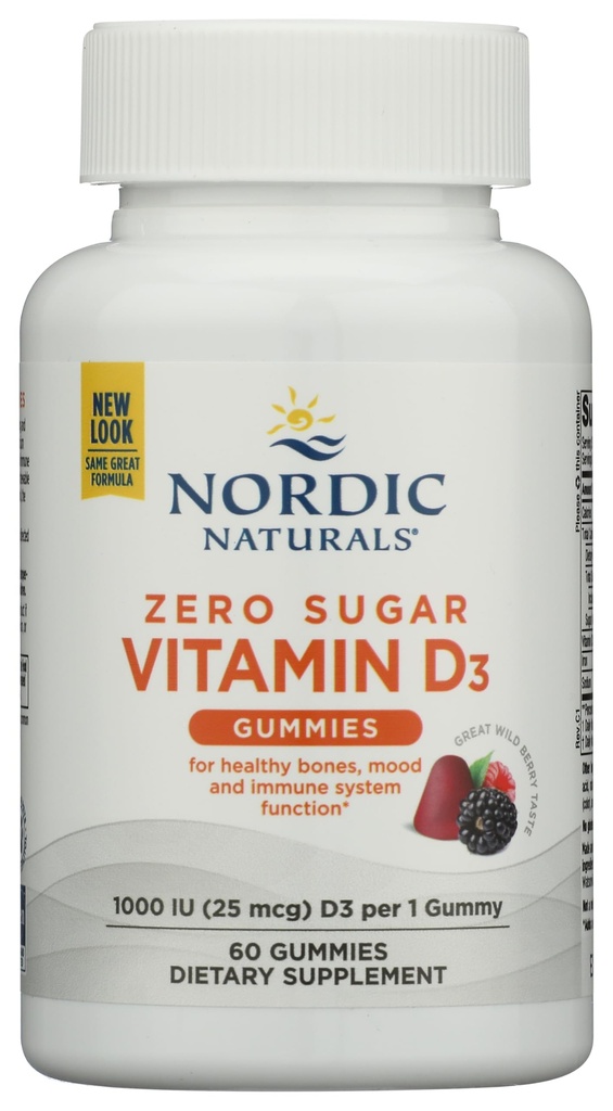 Nordic Naturals Zéro sucre Vitamine D3 Gommies, Berry sauvage - 60 Gommies - 1000 UI Vitamine D3 - Grand goût - Bons santé, l'humeur et le système immunitaire Fonction - Non-OGM - 60 portions