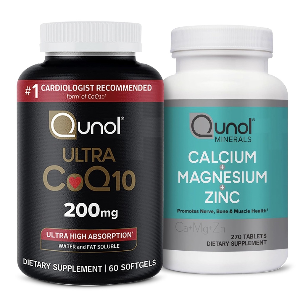 Qunol CoQ10 200mg Softgels, supplément de Coenzyme d'absorption ultra-élevée Q10 - 2 mois d'approvisionnement - 60 Compte Magnésium 3 en 1 Comprimés avec Calcium, Magnésium et Zinc, 270 Compte