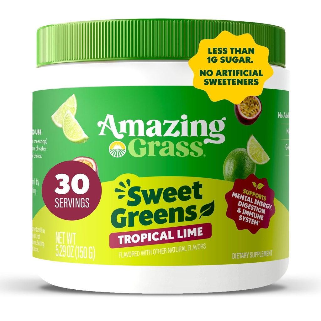 Amazing Grass Sweet Greens and Superfoods Poudre pour la santé digestive, Greens Poudre, Enzymes digestifs, Probiotiques, Spiruline, Chlorella, Lime tropicale, 30 portions
