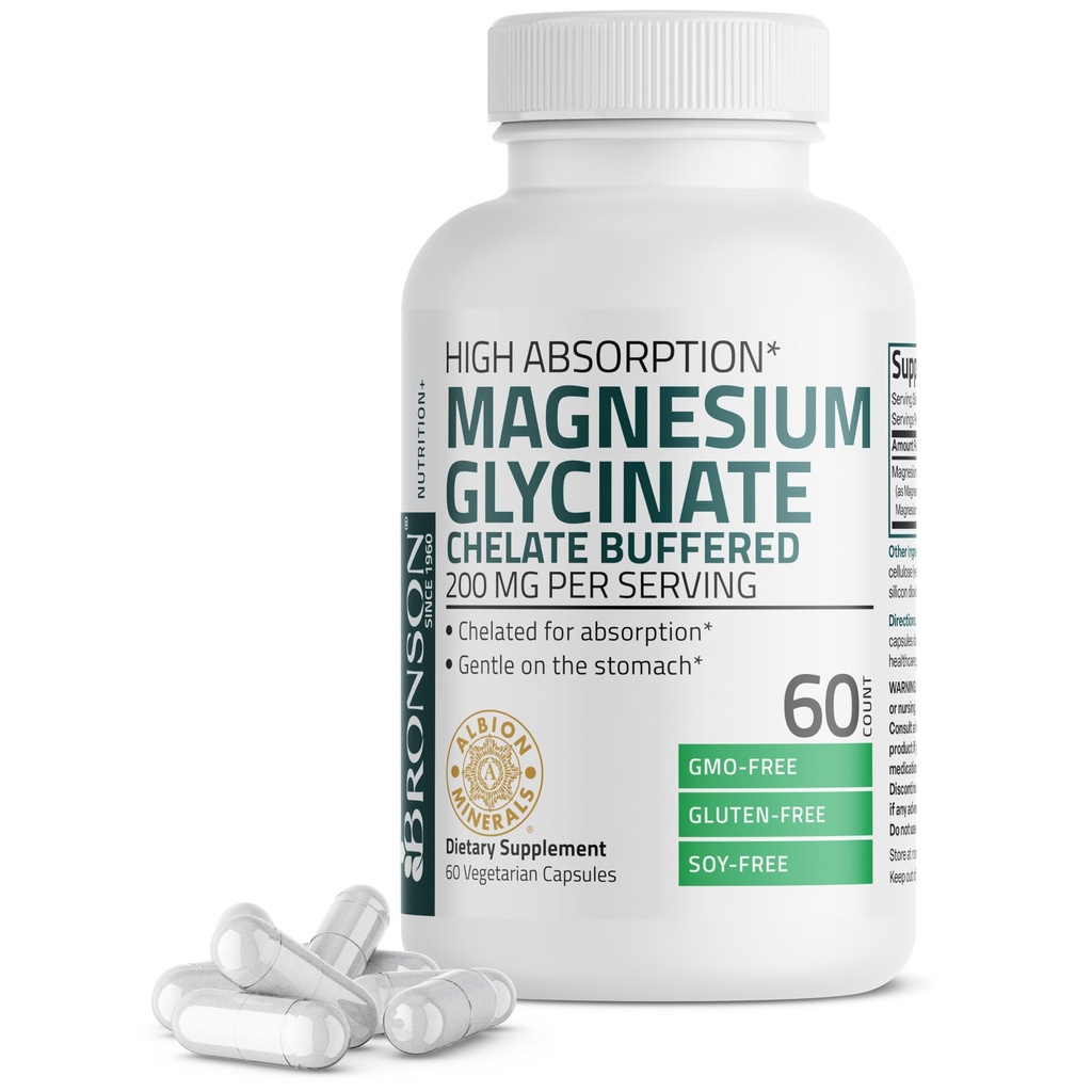 Bronson Magnésium Glycinate 200 MG par portion Chélaté pour une absorption élevée, doux sur l'estomac, non-OGM, 60 capsules végétariennes