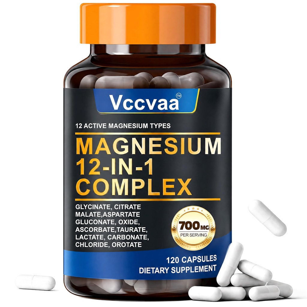 Complexe de magnésium 700mg – Supplément de magnésium 12-en-1 avec Glycinate, Citrate, Malate, Oxyde, Taurat et plus – Absorption élevée pour les muscles, le cœur, le sommeil, les os, le soutien nerveux –120 Capsules (1 Pack)
