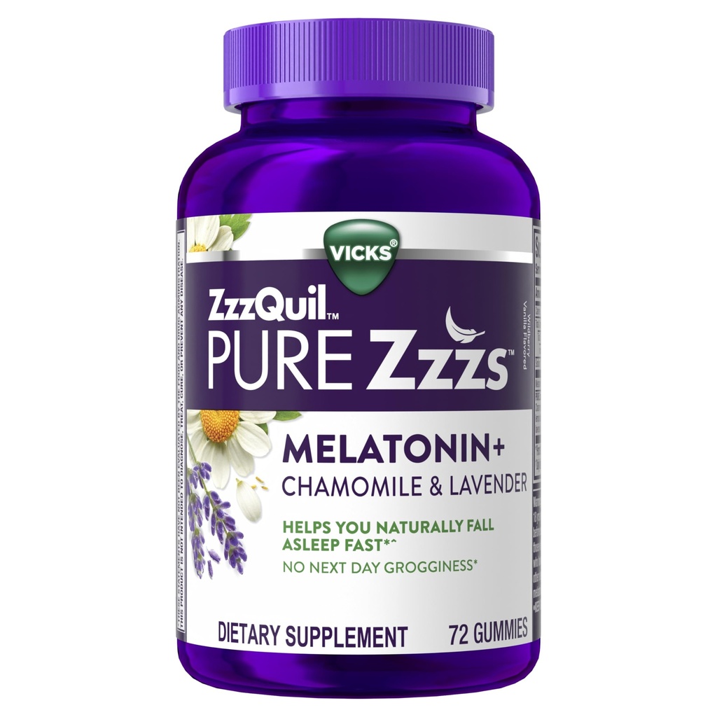 ZzzQuil PURE Zzzs Melatonin Gummis, Schlafhilfe, Melatonin 2mg, mit Chamomile & Lavender, Melatonin Schlafgummis, Schlafhilfen für Erwachsene, Wildberry Vanilla Flavored, 72 Schlafgummis