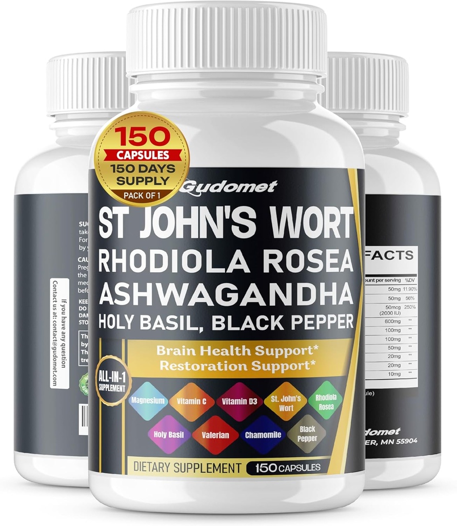 St. John's Wort Rhodiola Rosea Ashwagandha Holy Basil Valerian Chamomile Black Pepper -150 Kapseln- Made in USA