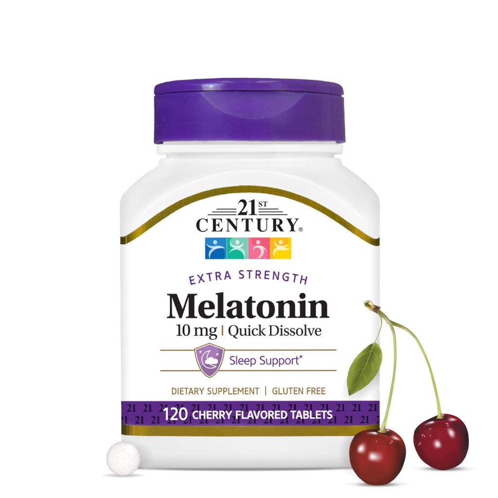 21st Century Melatonin 10mg Extra Strength, 120 Count, Quick Dissolving Sleep Aid für Erwachsene, fördert Entspannung und erholsamen Schlaf, Non-Habit Forming, Gluten-Free, Cherry Flavor