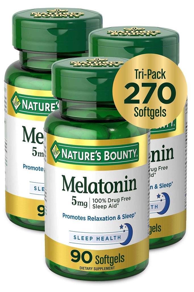 Nature's Bounty Melatonin 100% Drug Free Sleep Aid, Nahrungsergänzung, fördert Entspannung und Schlaf Gesundheit, 5 mg, 90 Count, Pack von 3
