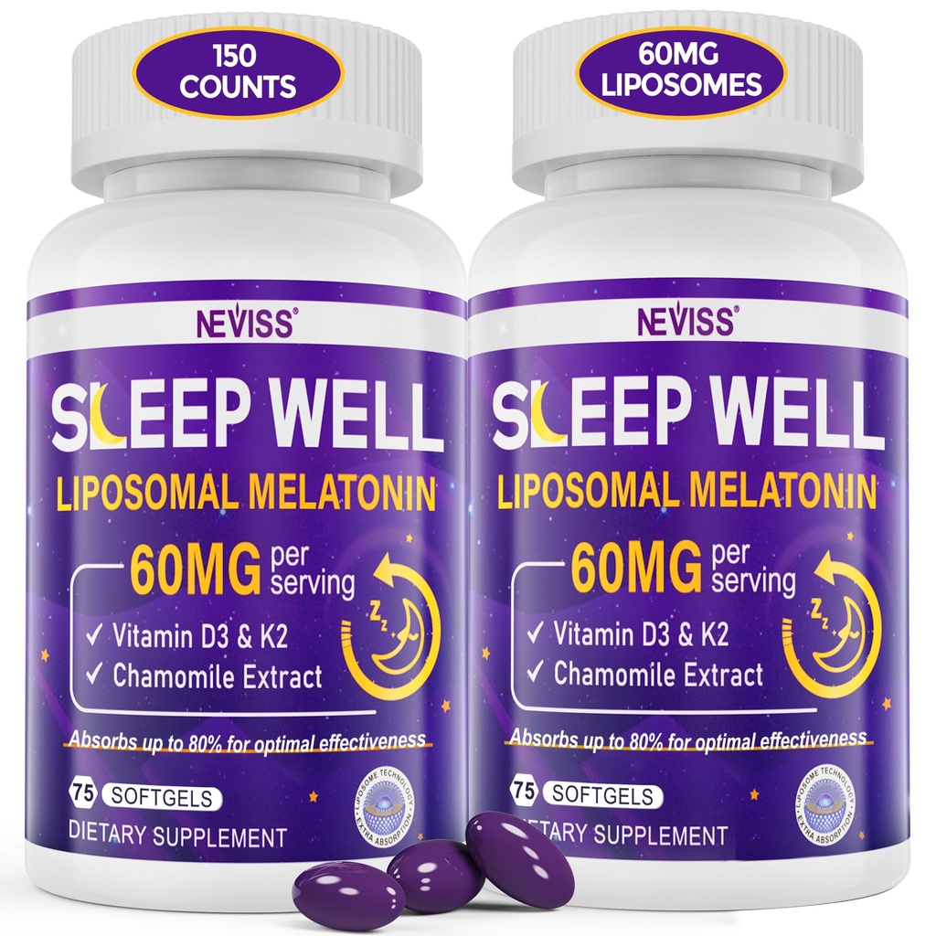 Melatonin 60mg für Erwachsene Hohe Dosis, Unterstützt Tiefe Ruhe & Gehirn Kognition, Extra Stärke Liposomal Melatonin mit Vitamin D3 K2, Kamille, für Sound Zzz Zyklus, Immune & Antioxidant, 150 Softgels