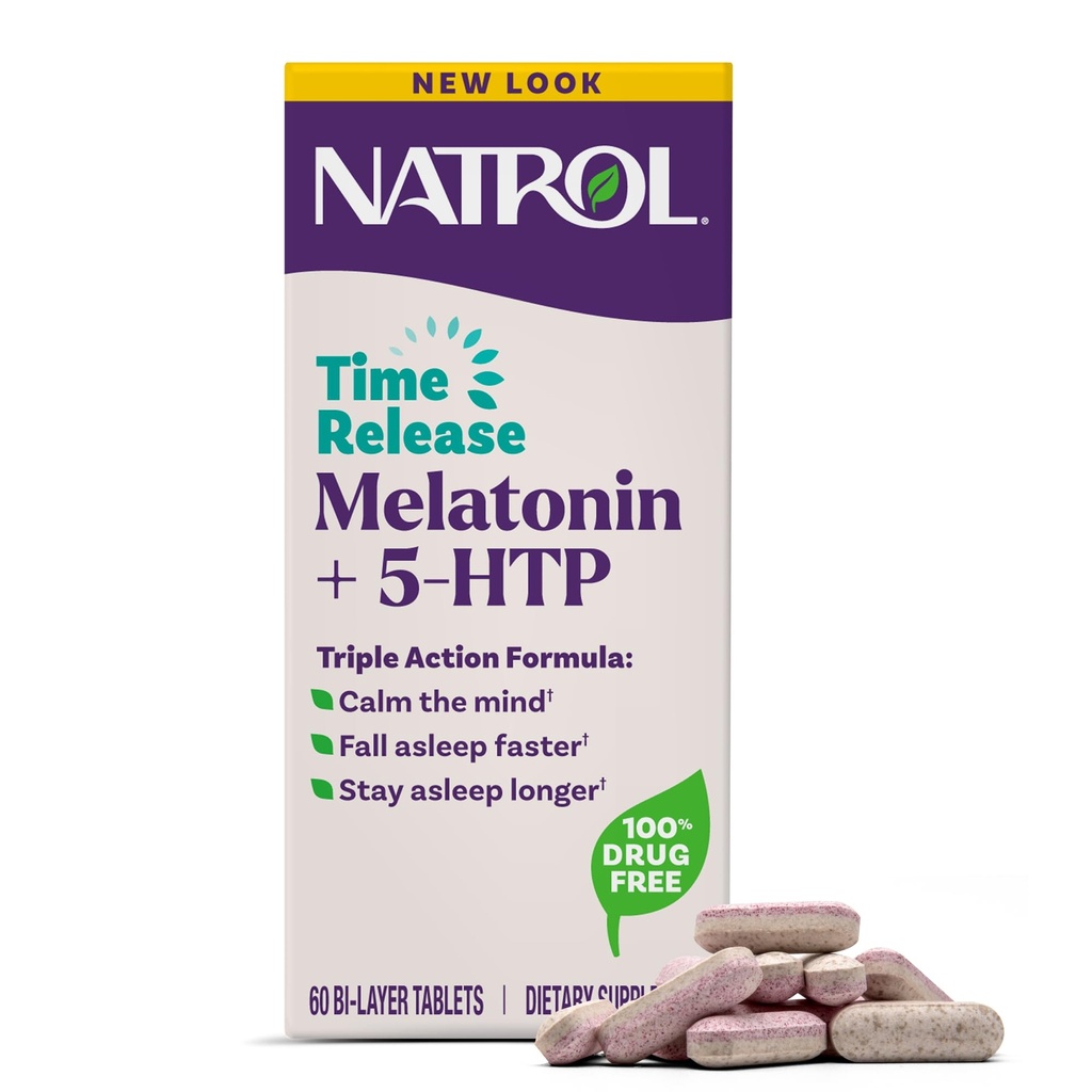 Natrol Melatonin + 5-HTP Time Release Sleep Aid, Triple Action Formel, Beruhigen Sie den Geist, Schläfen Sie schneller und bleiben Sie schlafen länger, 60 Bi-Layer Tablets, Bis zu einem 60-Tage-Versorgung
