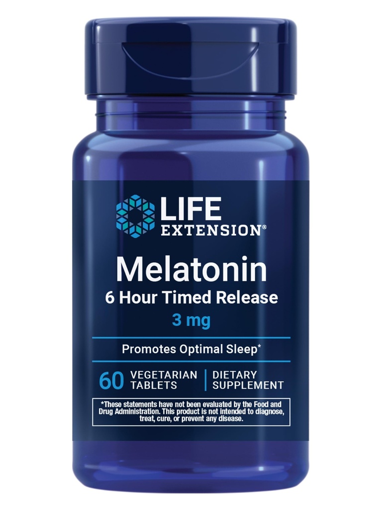 Life Extension Melatonin 6 Hour Timed Release, 3 mg, Extended-Release Formel für optimalen Schlaf-Unterstützung, Gesunde circadian Rhythmen, Cellular Defense, Gluten-Free, Non-GMO, Vegetarisch, 60 Tabletten