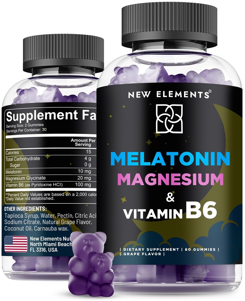 New Elements Melatonin Gummies 10mg with Magnesium Glycinate & Vitamin B6 | Sleep Support, Relaxation & Stress Relief | Non-GMO, Gluten-Free | Great-Tasting | Natural Grape Flavor