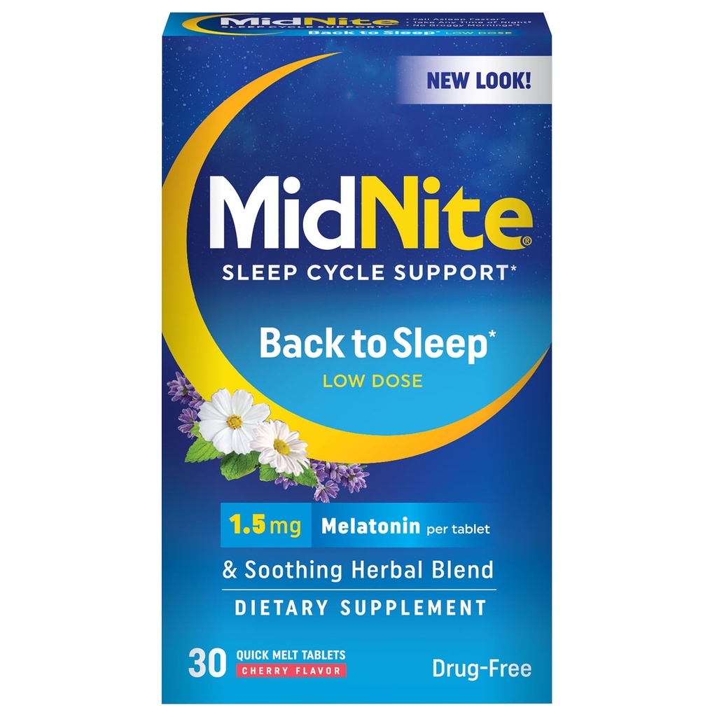 MidNite Back to Sleep Low Dose, 1.5 mg Melatonin Schlafhilfe, Non-Habit Forming, pflanzliche Nahrungsergänzung für Erwachsene, Drug-Free, Gluten-Free, Lactose-Free, Vegetarisch, Vegan, 30 Quick Melt Tablets