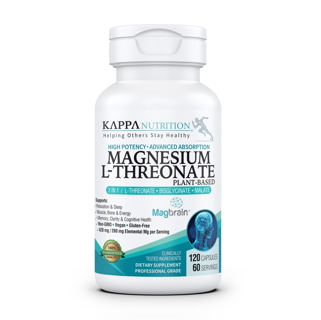 Kappa Nutrition Powered by Magbrain™ Magnesium L-Threonate Plant-Based, 420mg Elemental Magnesium (3 Capsules) from 2,253mg, 120 Vegan Capsules, Brain, Sleep & Muscle Support.