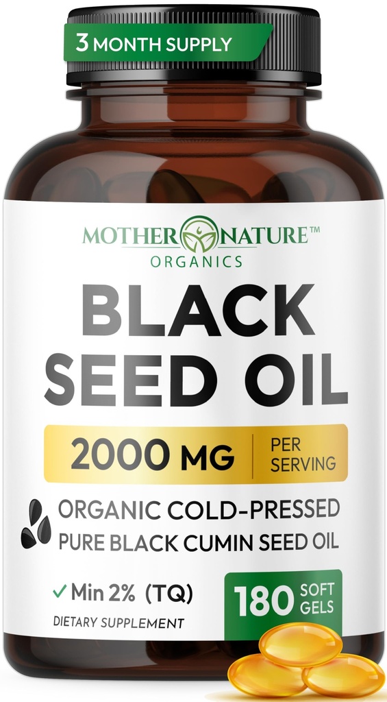 Schwarzes Seed Öl Kapseln 2000mg pro Servierung, Bio Kaltgepresstes Schwarzes Cumin, High TQ, Immun- & Gelenk-Unterstützung, 180 Zähler (3 Monate Versorgung)