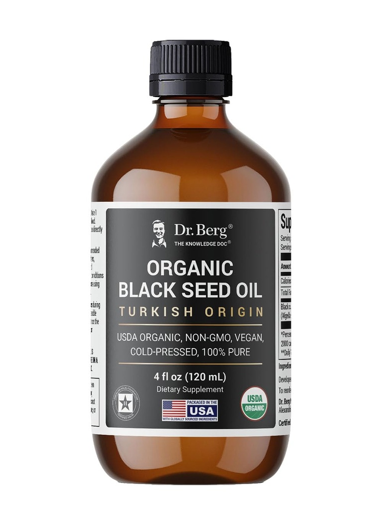 Dr. Berg Black Seed Oil Organic Cold Pressed – Pure Nigella Sativa Black Cumin Oil – USDA Organic, Halal, Vegan – für Haare, Haut, Immununterstützung – Unrefined Liquid – 4 oz Glasflasche