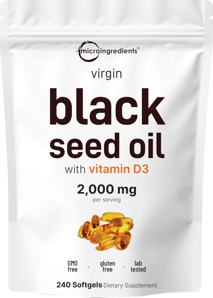 Micro Ingredients Schwarzes Samenöl mit Vitamin D3 1000 IU, 240 Softgele | 2,000 mg Schwarzes Samenöl pro Servieren | Nigella Sativa Öl | 2-in-1 Unrefined Seed Oil Formula | Non-GMO, cGMP Hergestellt