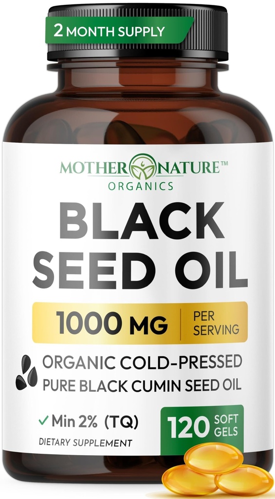 Schwarzer Seed Öl Kapseln 1000mg, Bio kalt gepresst Schwarzer Cumin, Hoher TQ, Immun- & Gelenk-Unterstützung, 120 Zähler (2 Monate Versorgung)