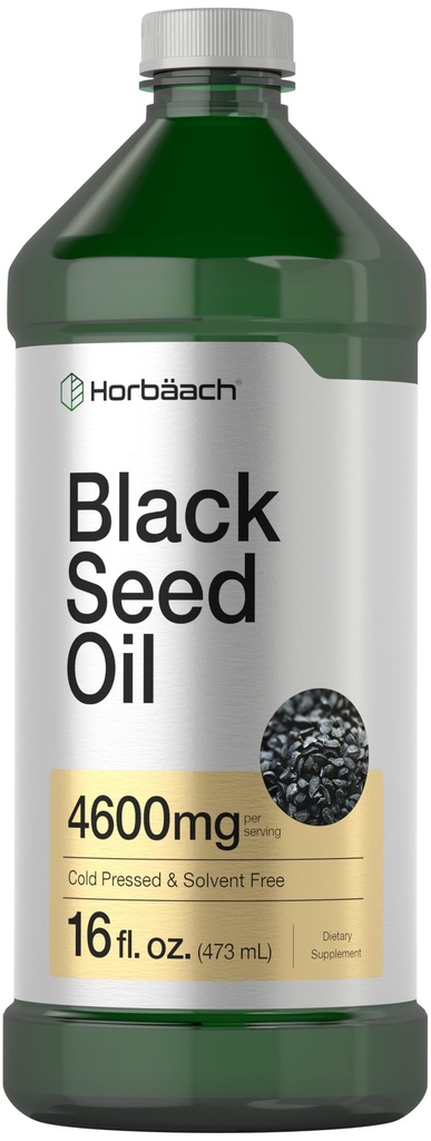 Horbäach Black Seed Oil Liquid | 16oz | 4600mg | Cold Pressed Nigella Sativa Supplement | mit Omega 6 & 9 | Vegetarisch, Non-GMO, Glutenfrei und Lösungsmittelfreie Formel
