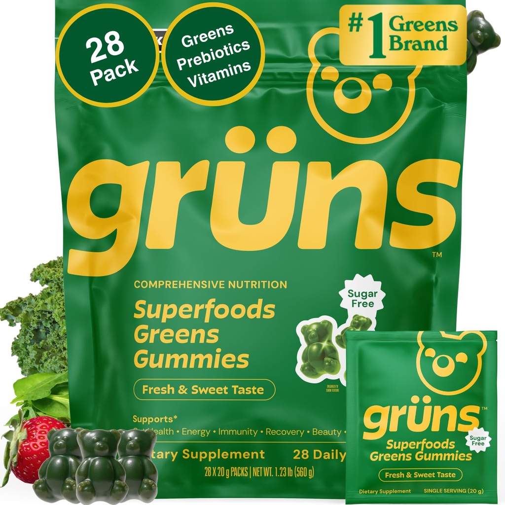 Gruns adulte sans sucre Super Verts Multivitamines, Vitamines Gommy Superfood pour les femmes et les hommes avec Spiruline, Chlorella, Adaptogènes et fibre prébiotique pour la santé digestive (28 comte)