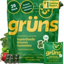 Gruns adulte sans sucre Super Verts Multivitamines, Vitamines Gommy Superfood pour les femmes et les hommes avec Spiruline, Chlorella, Adaptogènes et fibre prébiotique pour la santé digestive (28 comte)