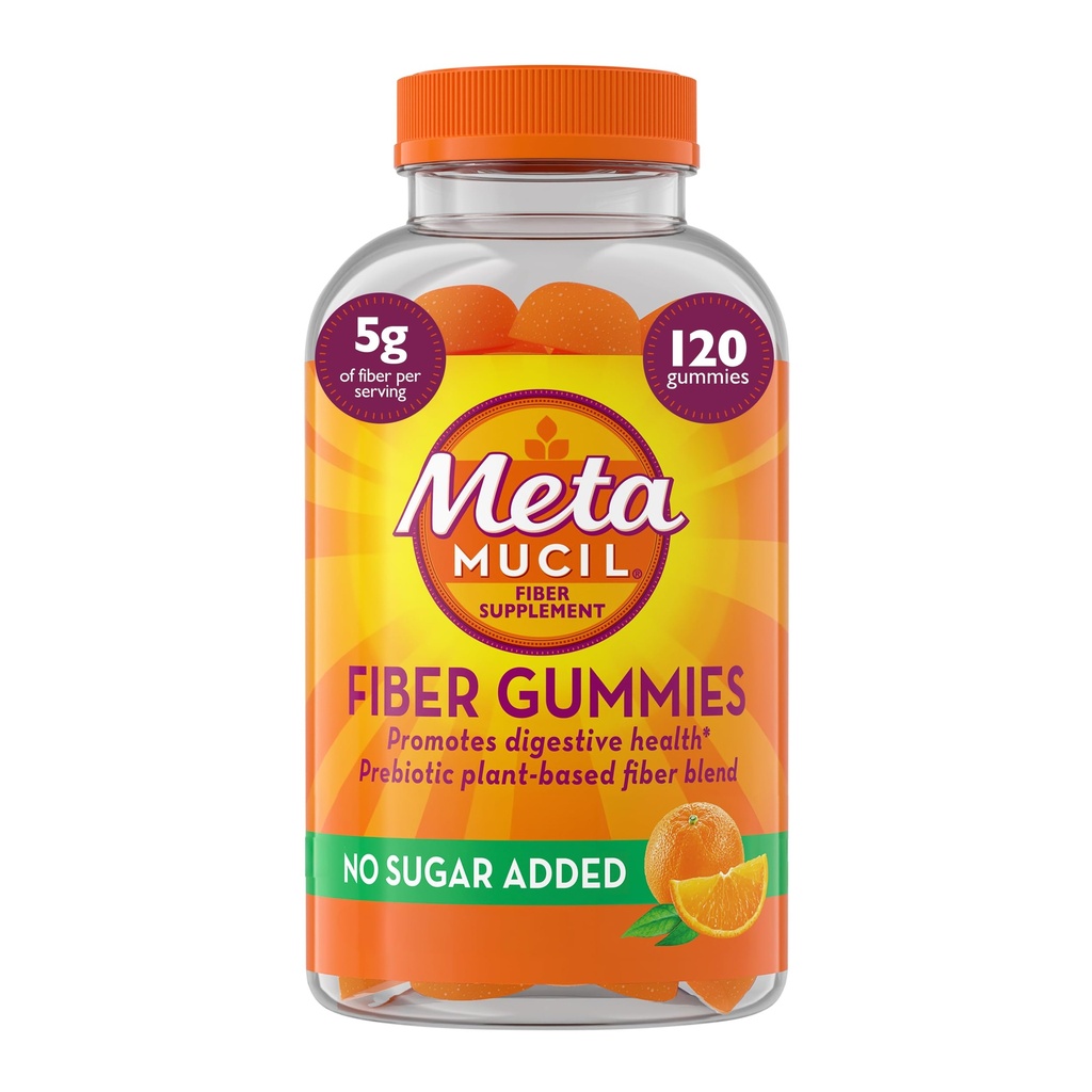 Metamucil Fiber Gummi für Erwachsene, kein Zucker hinzugefügt Orange Flavor, 5g Prebiotic Plant Based Fiber Supplement Blend, 120 Zähler