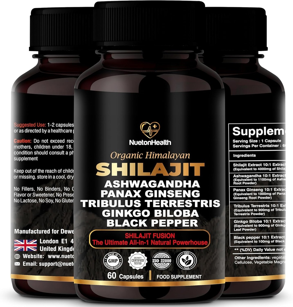 Himalayan Shilajit Capsules with Ashwagandha, Ginseng, Tribulus, Ginkgo & Black Pepper – Vegan, Gluten-Free Botanical Blend for Daily Wellness & Vitality – 60 Capsules