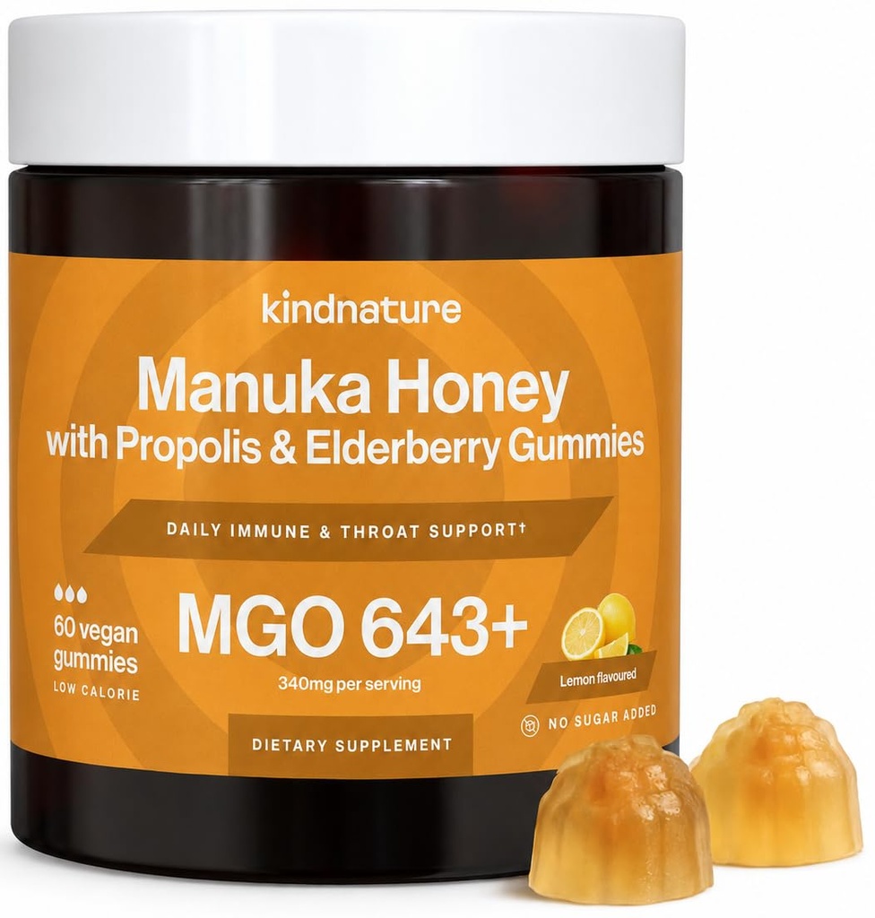KINDNATURE Manuka Honey Medical Grade Gummi MGO 643+ - Neuseeland Manuka Honig mit Zink, Vitamin C, Elderberry - Throat Comfort & Immune Support - Kinder & Erwachsene