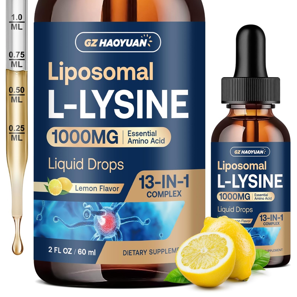 Liposomale L-Lysin 1000MG Flüssigkeitstropfen, 13-in-1 Lysin Ergänzungen – Monolaurin, Olivenblattextrakt mit Vitamin C, B6, D3, B12 & Zink für Kollagen, Lip, Haut und Immununterstützung für Kinder & Erwachsene, 2oz