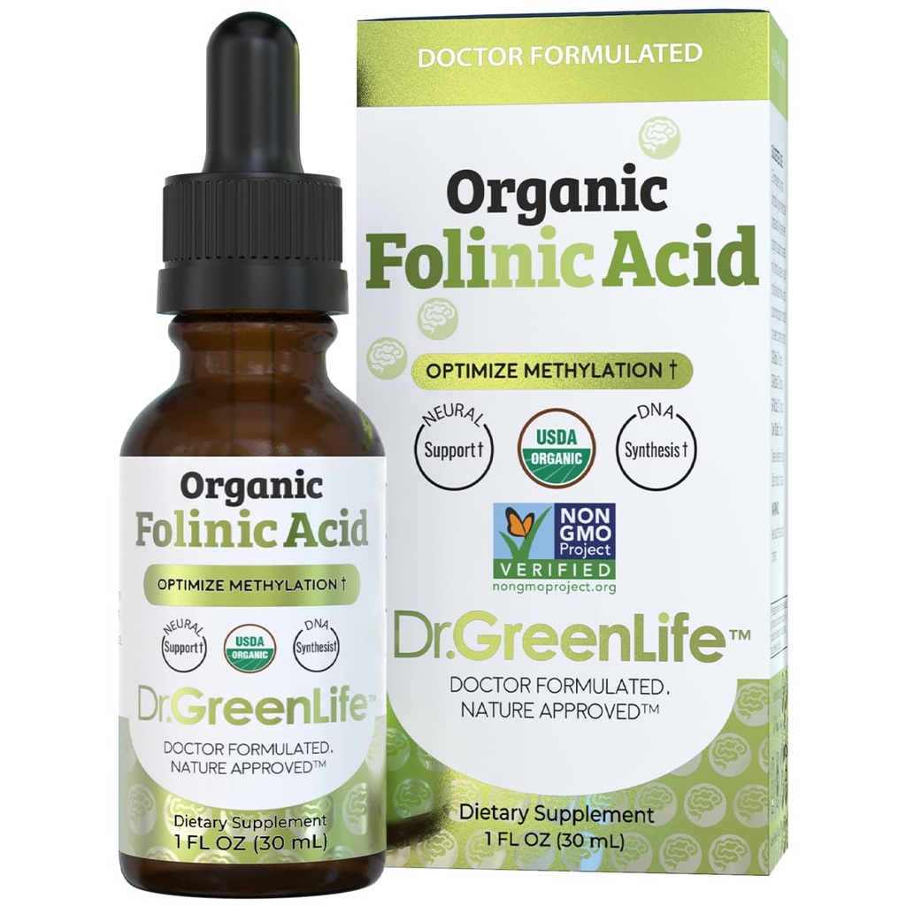 Dr. Green Mom USDA Organic Folinic Acid Drops - 500 mcg pro Drop | Methylierung Unterstützung B9 Ergänzungen für Kinder & Erwachsene | Unterstützt neurologische Funktion, Nervous System Health & DNA Synthese