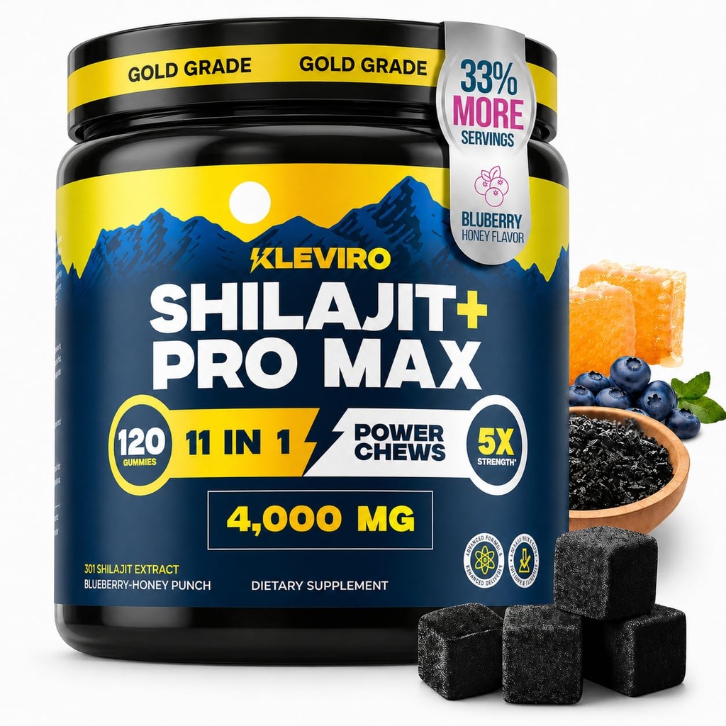 KLEVIRO 30:1 Shilajit Gummi für Männer | 78% Fulvic Säure | 11-in-1 Komplex mit Ashwagandha, Tongkat Ali, Manuka Honey, Rhodiola, Lion's Mane | Kein hinzugefügt Zucker | GMP zertifiziert &amp; getestet Lab