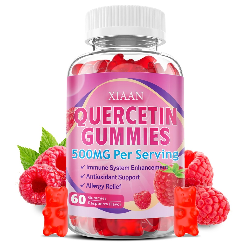 Gommies Quercetin 500mg pour les enfants et les adultes, compléments biologiques Quercetin avec la vitamine C de Zinc de Bromelain et D3 support antioxydant et système immunitaire santé, parfum de framboise 60 comte