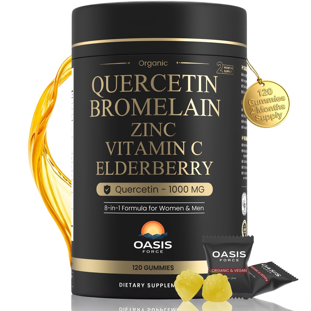 8-in-1 Quercetin mit Bromelain Gummies 1000mg, High Potency Organic Quercetin Supplement mit Zink & Vitamin C, Elderberry, Seasonal Wellness & Immun Support, Vegan, Sugar Free, 120 Gummies