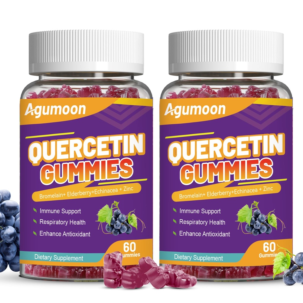 2 Pack Quercetin Gummies, 1000mg Quercetin avec Bromelain Zinc Elderberry, Immune & Antioxydant Support, Gummes végétaliens pour adultes et enfants, 120 Comte