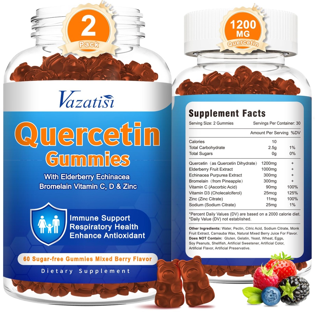 2 Pack Quercetin avec Gummée de Bromélain, Quercetin avec Vitamine C Zinc & Elderberry pour système immunitaire et allergie, Gummées à croquer et végétalien, mélange de fleur de baie 120 Cts