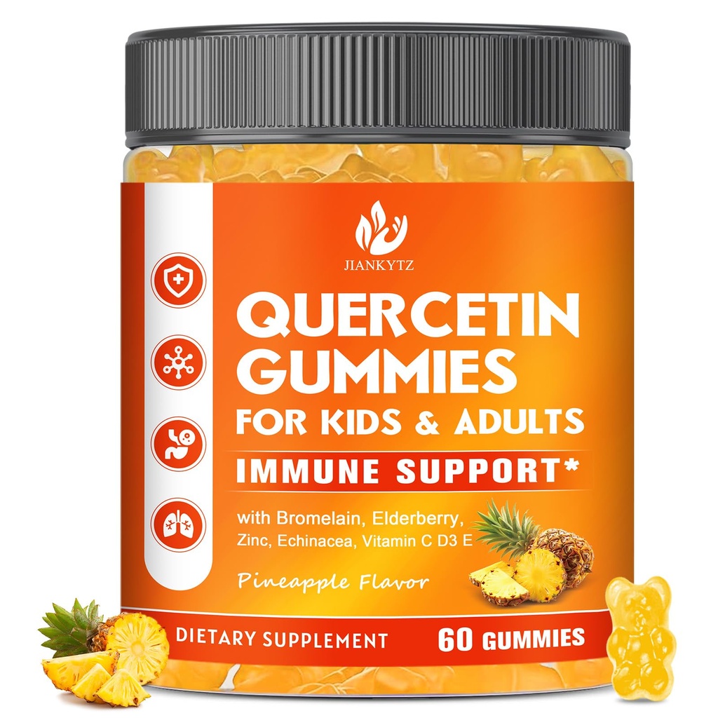 Quercetin sans sucre avec des gommes bromelain pour les enfants et les adultes - Immune, Antioxydant, support saisonnier, 1000mg Suppléments Quercetin avec Bromelain, Zinc, Elderberry, Vitamine C D3 E, Vegan, 60 Comte