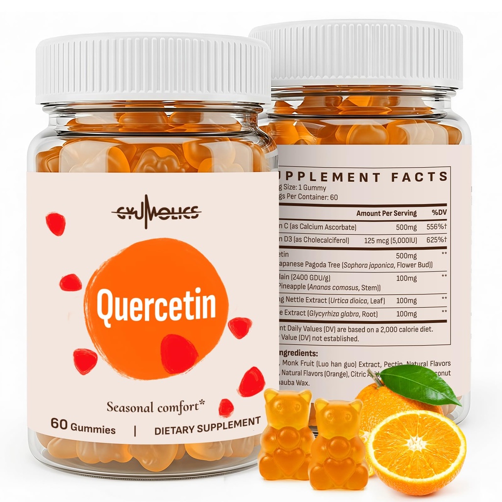 Quercetin 500mg Gummies pour les enfants – avec Bromelain, Vitamine C & D3, Bouilloire et réglisse, Balance saisonnière et défense du corps, Vegan, 120 Gummies