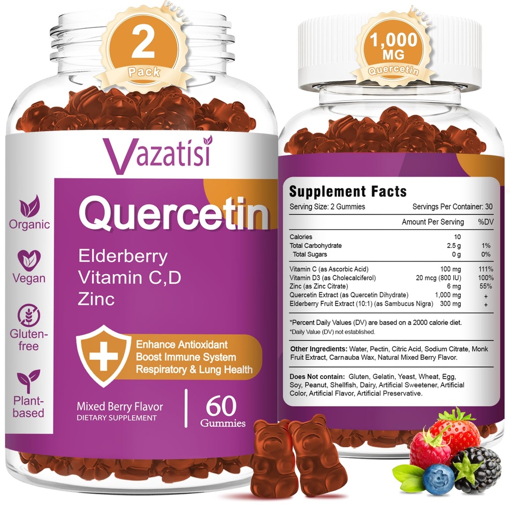 Quercetin Gummies, Quercetin mit Vitamin C Zink, Bromelain, Elderberry und Vitamin D, Immununterstützung Erwachsene Kinder, Frauen Männer 120 Gummies Kaubar