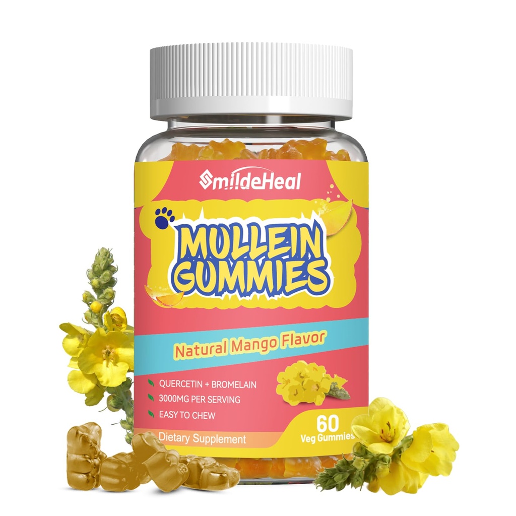 Gommies Mullein 3000MG, Gommies Mullein sans sucre avec Bromelain et Quercetin, Suppléments d'extrait de feuille Mullein pour poumons, végétalien, 60 comte