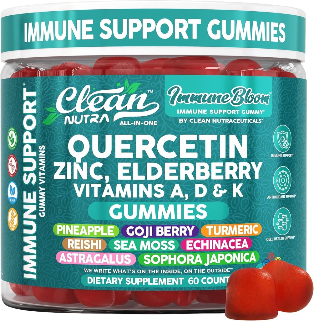 Clean Quercetin Elderberry Immune Support Gummie | Zink Vitamin K2 D3 Ein Bromelain Goji Berry Turmeric Sea Moss Echinacea Astragalus Selenium Olive Leaf Immunitätsergänzung Gummy Vitamine