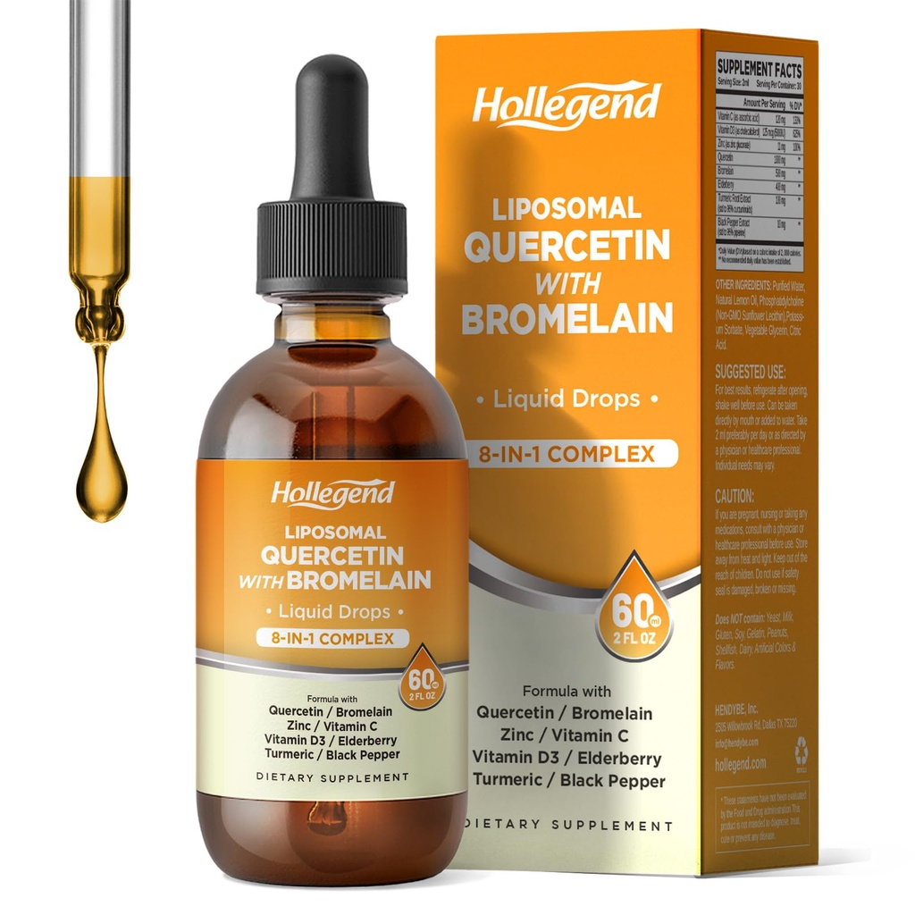 Quercetine liposomale avec gouttes liquides de bromélaine, 8 en 1 Quercetine biologique 1000mg Suppléments avec Bromelain 500mg, Vitamine C, D3, zinc, Elderberry, curcuma pour l'immunité et la santé respiratoire, 2 Fl Oz