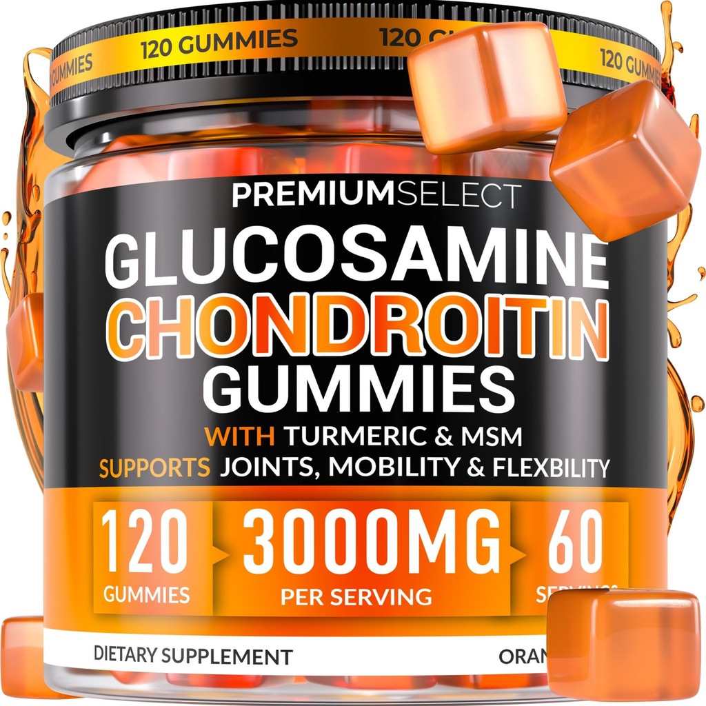Glucosamin Chondroitin-Gummien für Gelenkunterstützung – 120 Glucosamin-Gummien Extrastärke 3000mg mit MSM, Turmeric, Calcium, Vitamin D3 – Zuckerfreie vegane Erwachsene Supplement – Flexibilität & Mobilität