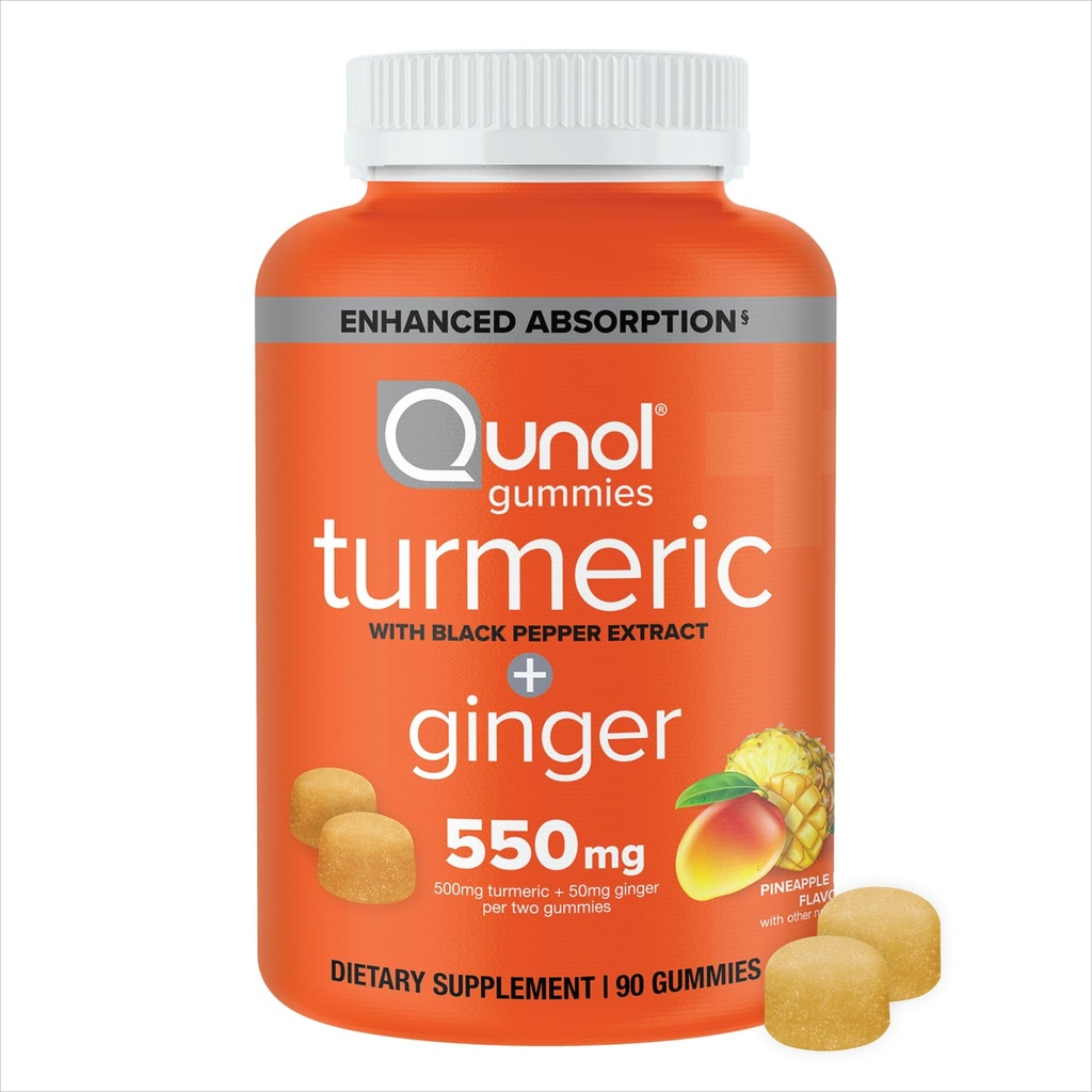 Qunol Turmeric und Ginger mit schwarzem Pfeffergummi, Kurkumin-Ergänzung, Joint Health Support Gummy, 90ct Gummies