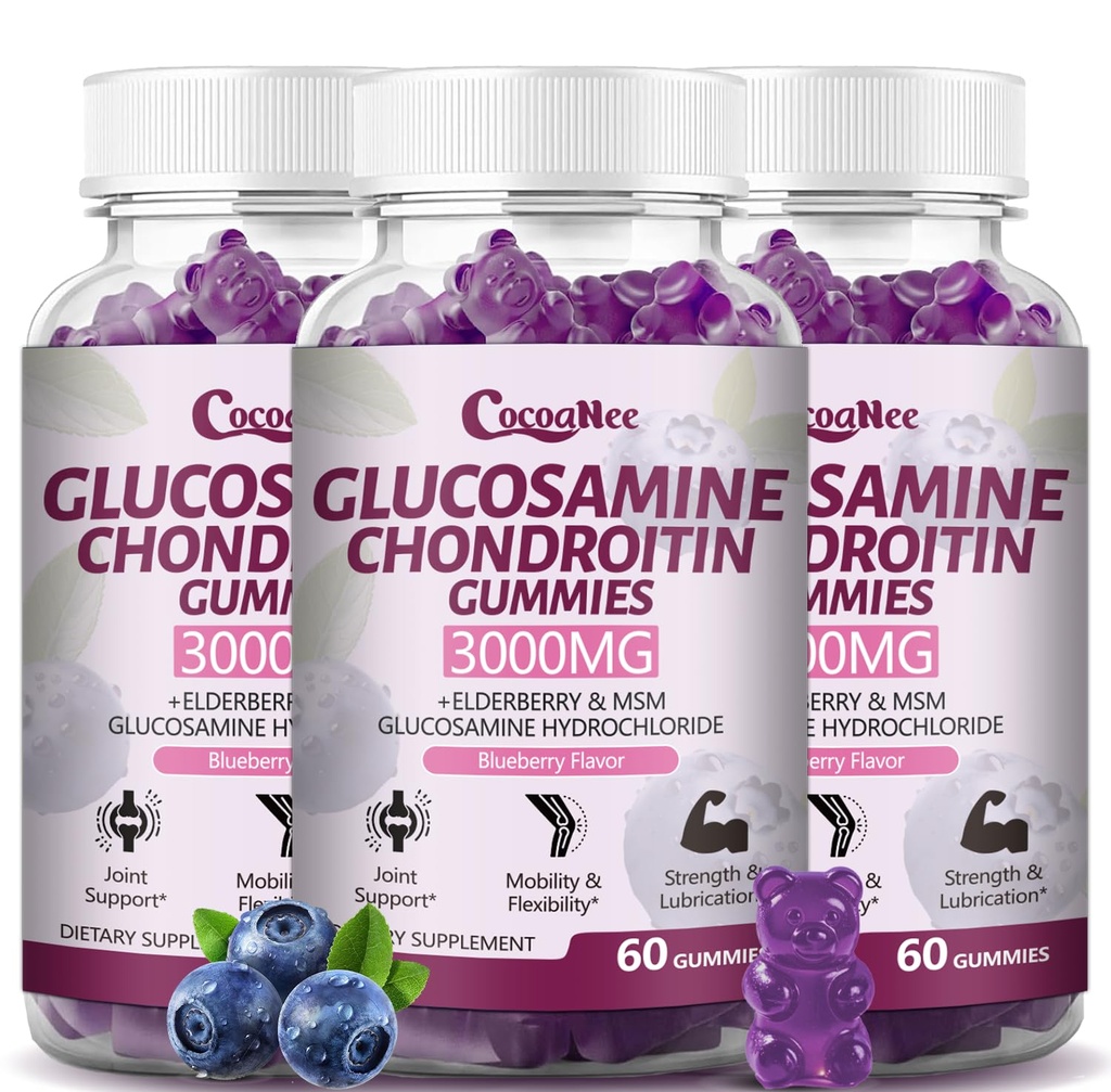 3 Packs 3000MG Glucosamin Chondroitin Gummis, Extra Strength Joint Support Supplement mit MSM & Elderberry, Flexibilität, Antioxidans Immununterstützung Gummy für Erwachsene, Männer & Frauen 180Cts