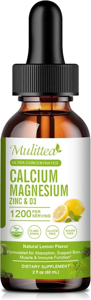 Calcium Magnesium Zinkflüssigkeit mit Vitamin D3, Magnesium Glycinat Plus Vitamin C K2| Hohe Absorption Pflanze Kalziumergänzung für Herz & Knochen  Glu Glutenfrei,Sugar-frei | 30 Servierungen | Zitronen Geschmack