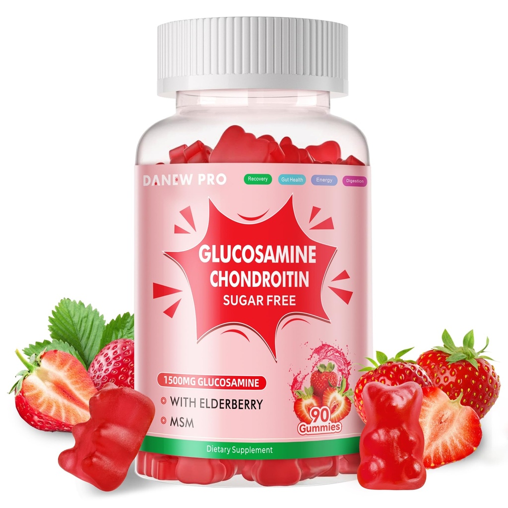 DANEW Pro Glucosamine Chondroitin Gummis mit MSM & Elderberry Extra Strength - Joint Support, Antioxidant Immun Support Supplement für Erwachsene, Männer & Frauen.90 Erdbeergummis