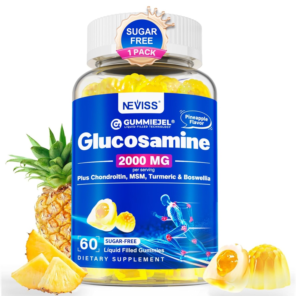 Sugar Free Glucosamine Chondroitin MSM Gummies - Max Strength Mobility Supplement für Damen und Herren w/ Glucosamine Sulfate 2000mg, Boswellia, Curcumin & Hyaluronsäure - Flexibilitätsunterstützung - 60Cts