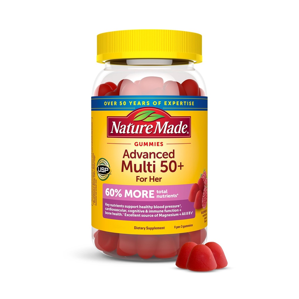 Natur Made Advanced Multivitamin Gummis 50 + für sie, Frauen Multivitamine Gummis mit Magnesium Citrat, Vitamin D3, Zink, Calcium und alle 8 B Vitamine, 84 Zähler, 28 Tage Versorgung